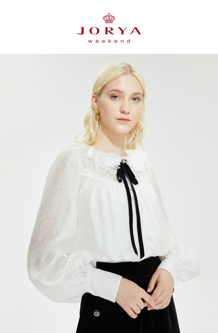 卓雅周末22春新款甜美波浪边娃娃领灯笼袖拼接蕾丝衬衫ejwbcr44白色l