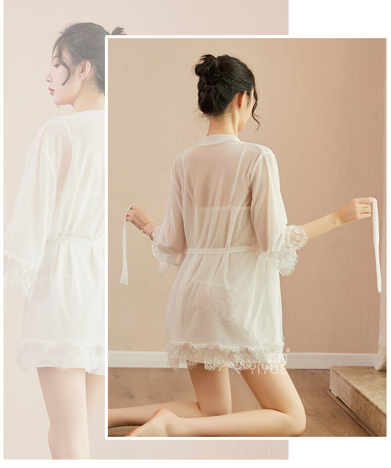 情趣内衣吊带睡裙三件套蕾丝透视性感睡衣成人透视网纱情趣内衣白色