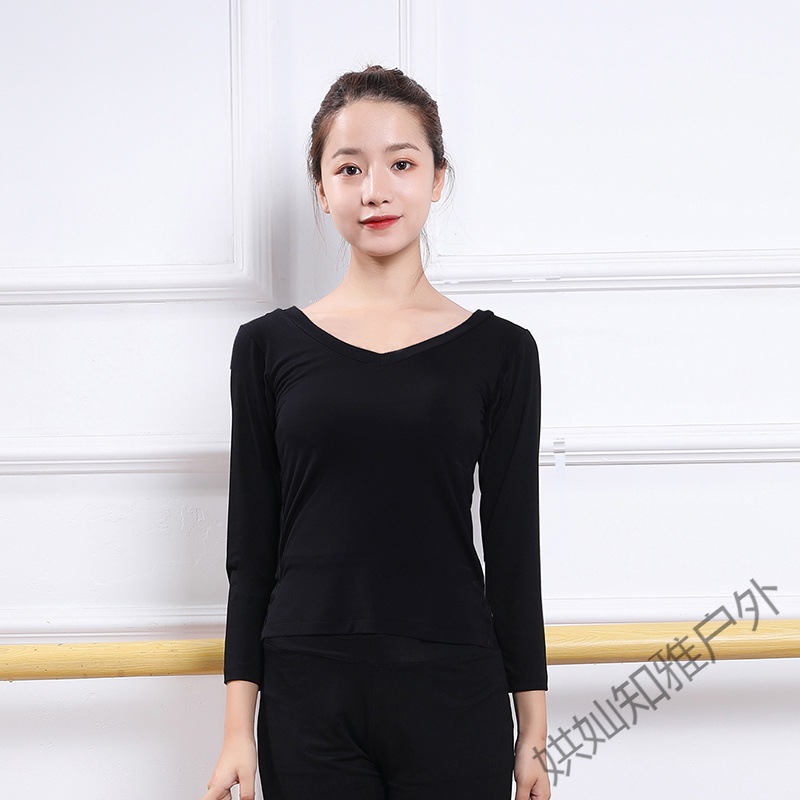 形体服形体服女套装舞蹈练功服女成人v领莫代尔黑色现代舞跳舞服学生