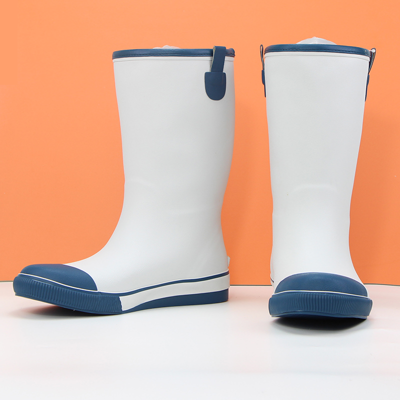 劳保雨鞋高档男款橡胶白色男士中高筒平底游艇靴雨鞋防水夹板鞋胶靴