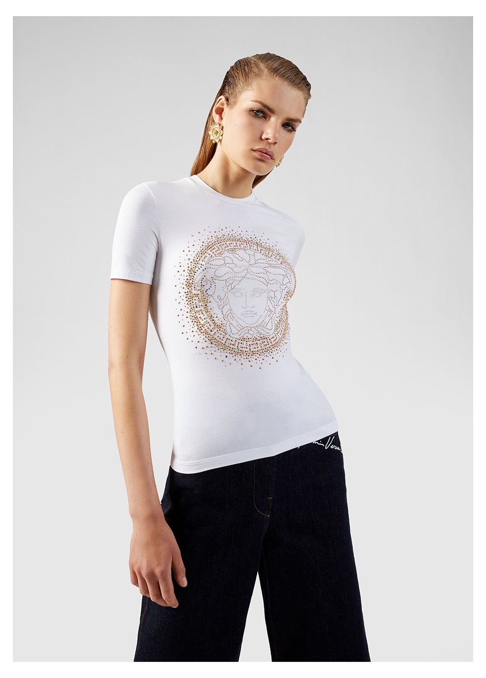 versace范思哲新款女士棉质美杜莎头像珠饰图案时尚短袖t恤衫a82241a