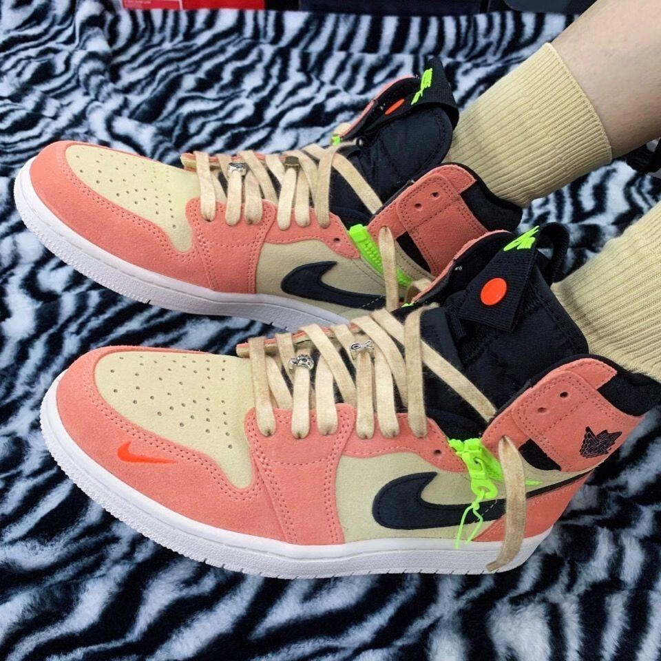 高品质男鞋运动鞋aj女鞋杏粉烟灰拉链一鞋两穿高低帮板鞋 aj1拉链款杏