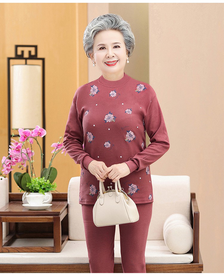 奶奶春秋装打底衣服中老年人秋衣秋裤女棉妈妈秋冬保暖内衣套装红豆