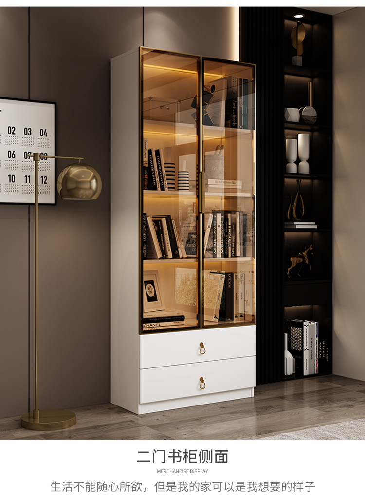 玻璃门书柜轻奢全墙简约现代整面墙带门落地书房客厅书橱一体靠墙两门