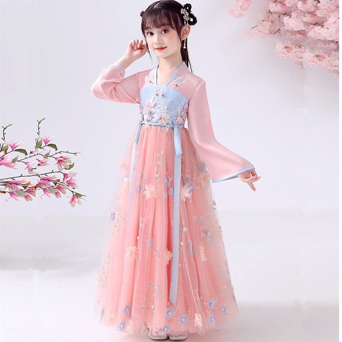 汉服儿童中国风飘逸超仙春秋女童夏季公主唐装纱裙小女孩新款古装粉色