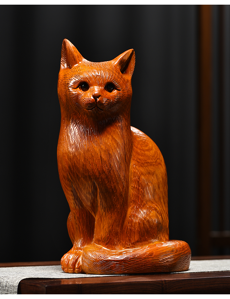 福渊阁木雕摆件小猫咪实木头雕刻可爱女生日礼品家居装饰客厅办公工艺
