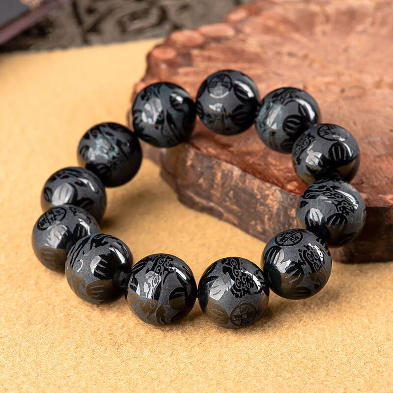 翡翠墨玉双貔貅手串冰种玉石珠子手链男 青玉貔貅手链16mm【图片 价格