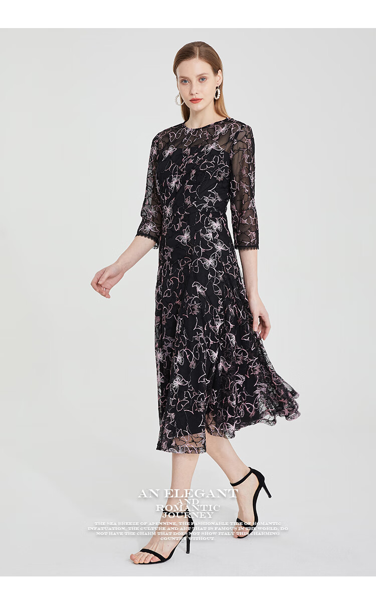 商场同款马天奴2022春新款圆领黑色绣花蕾丝提花修身长款连衣裙朱红色