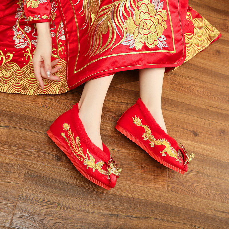 锦人初汉服鞋女2021年冬季加绒鞋女中式内增高婚鞋复古汉服鞋红色新娘