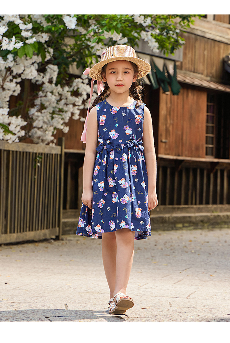 hellokitty童装2021夏装新款儿童无袖圆领中大童公主梭织连衣裙 k16