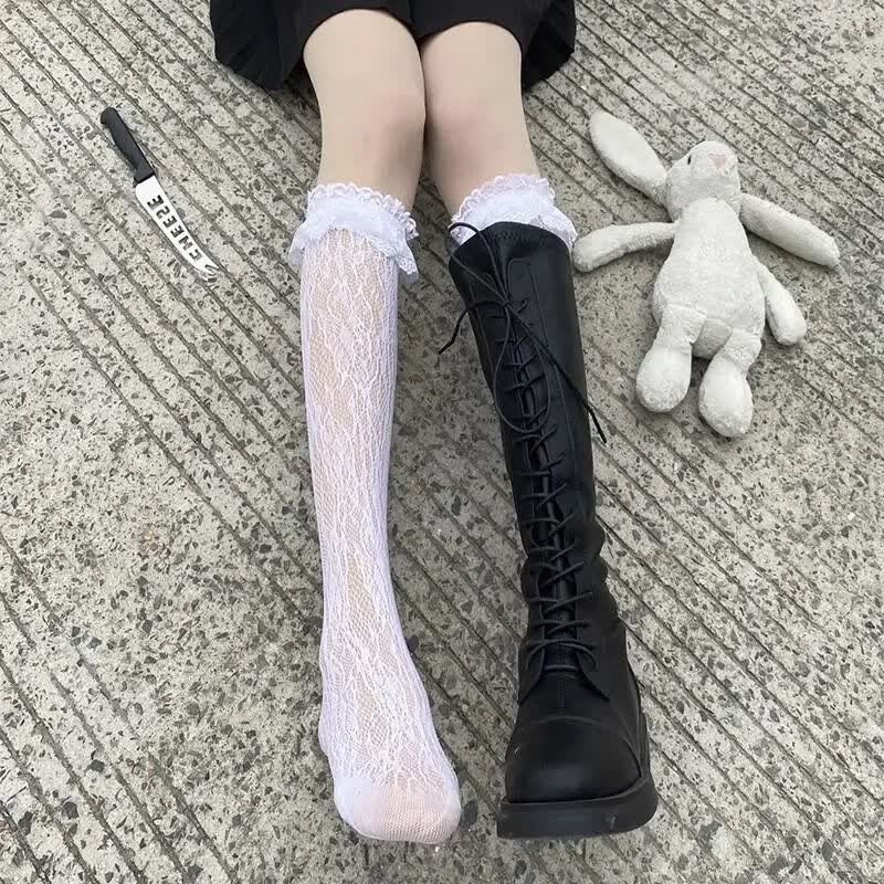 蕾丝jk袜子女中筒袜夏薄款黑白色可爱花边洛丽塔春秋黑白丝小腿袜情趣