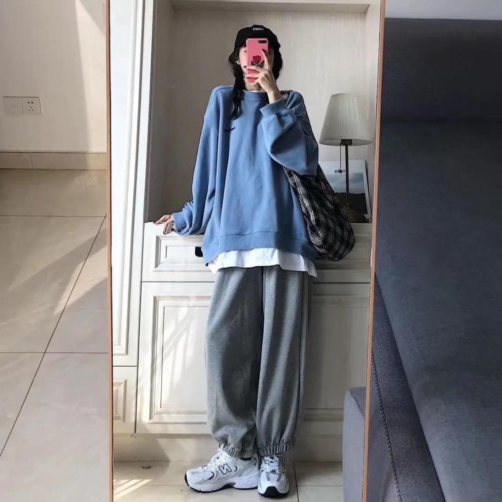 宽松假两件加绒卫衣女学生外套潮ins运动束脚裤灰黑色裤子加绒款xl
