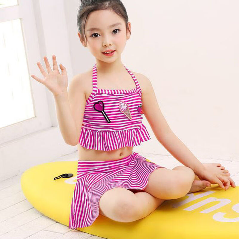 夏季新款儿童泳衣女 可爱女童条纹冰淇淋牛奶丝裙式分体中大童游泳衣
