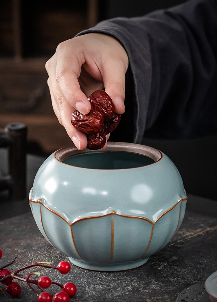 陶瓷罐邱卫国汝窑莲心茶叶罐汝瓷开片冰裂纹密封罐陶瓷储茶罐茶仓 豆