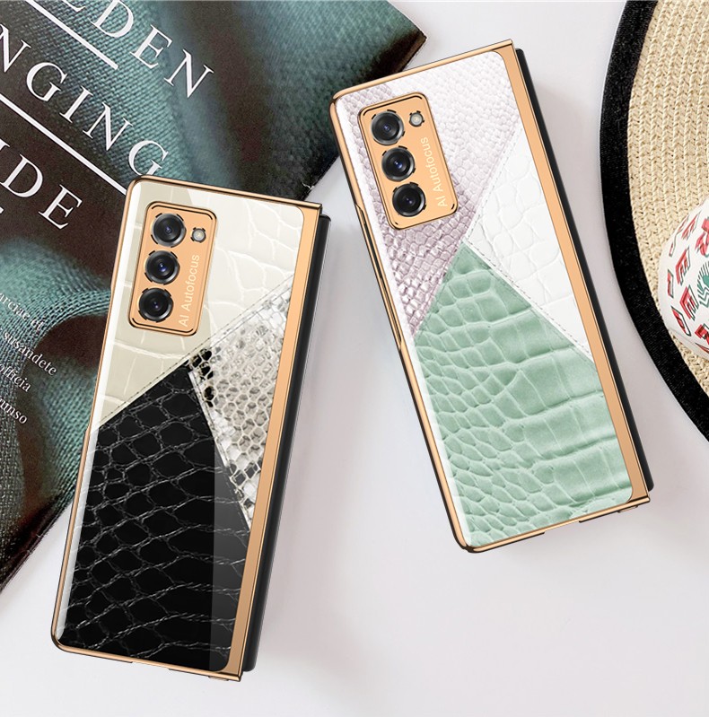 腾度三星w21电镀彩绘玻璃手机壳zfold2镜头全包防摔5g保护套拼色时尚