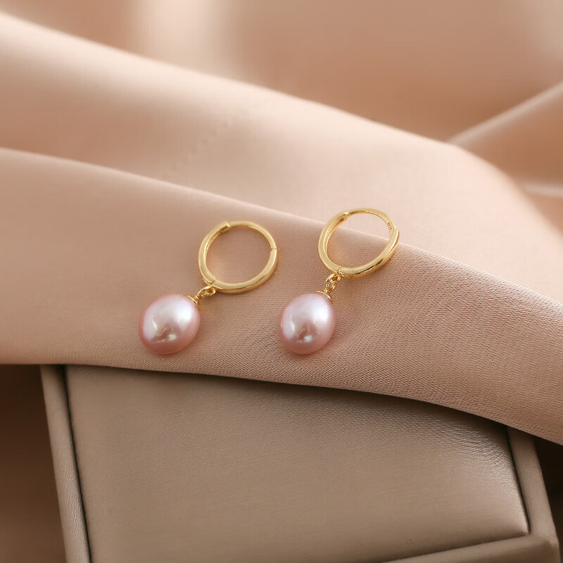 国庆节送女友 淡水紫色真珍珠耳环圈圈银气质感法式水滴吊坠耳饰定制