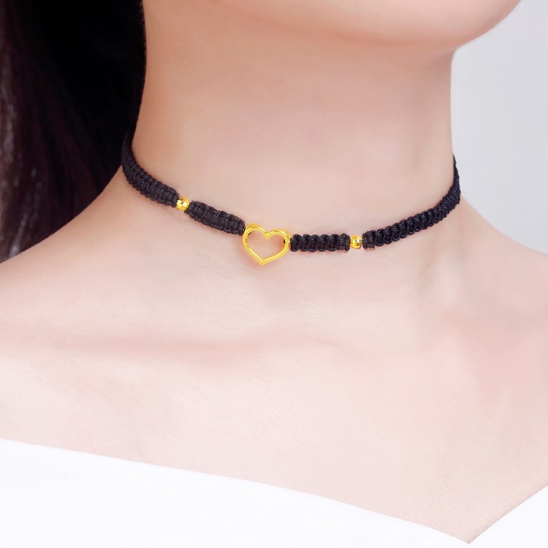 老凤凰【配送证书】 黄金爱心脖链女999足金手工编织黑绳心形转运珠小