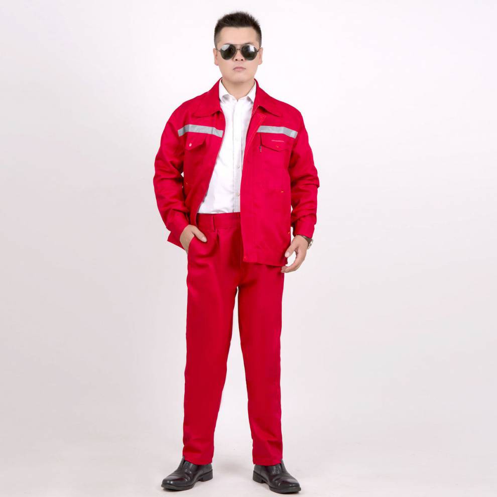 劳保服耐磨耐脏厂服工地汽修环卫船厂反光条工作服红色套装上衣加裤子
