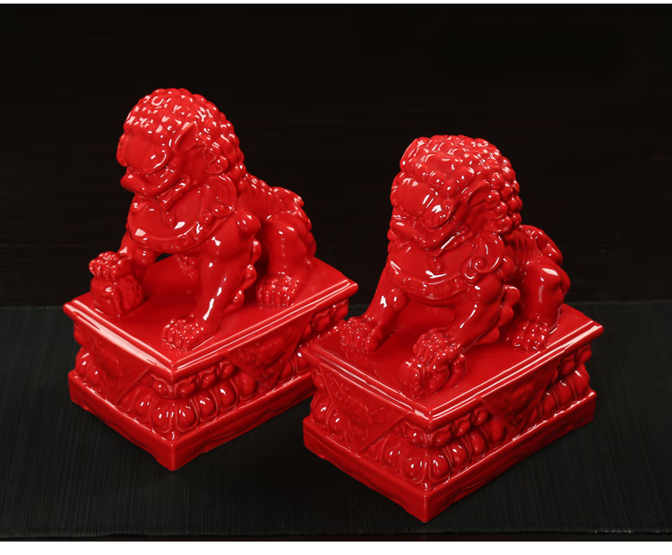 良然 陶瓷红色石狮子手工精雕一对看门家用客厅摆件汉白玉 23厘米红色