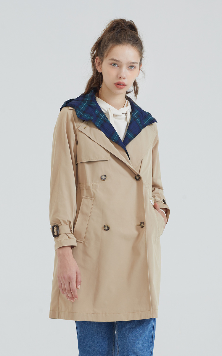 eland衣恋春秋季款气质撞色中长款可拆卸帽子风衣外套女依恋 浅卡其色