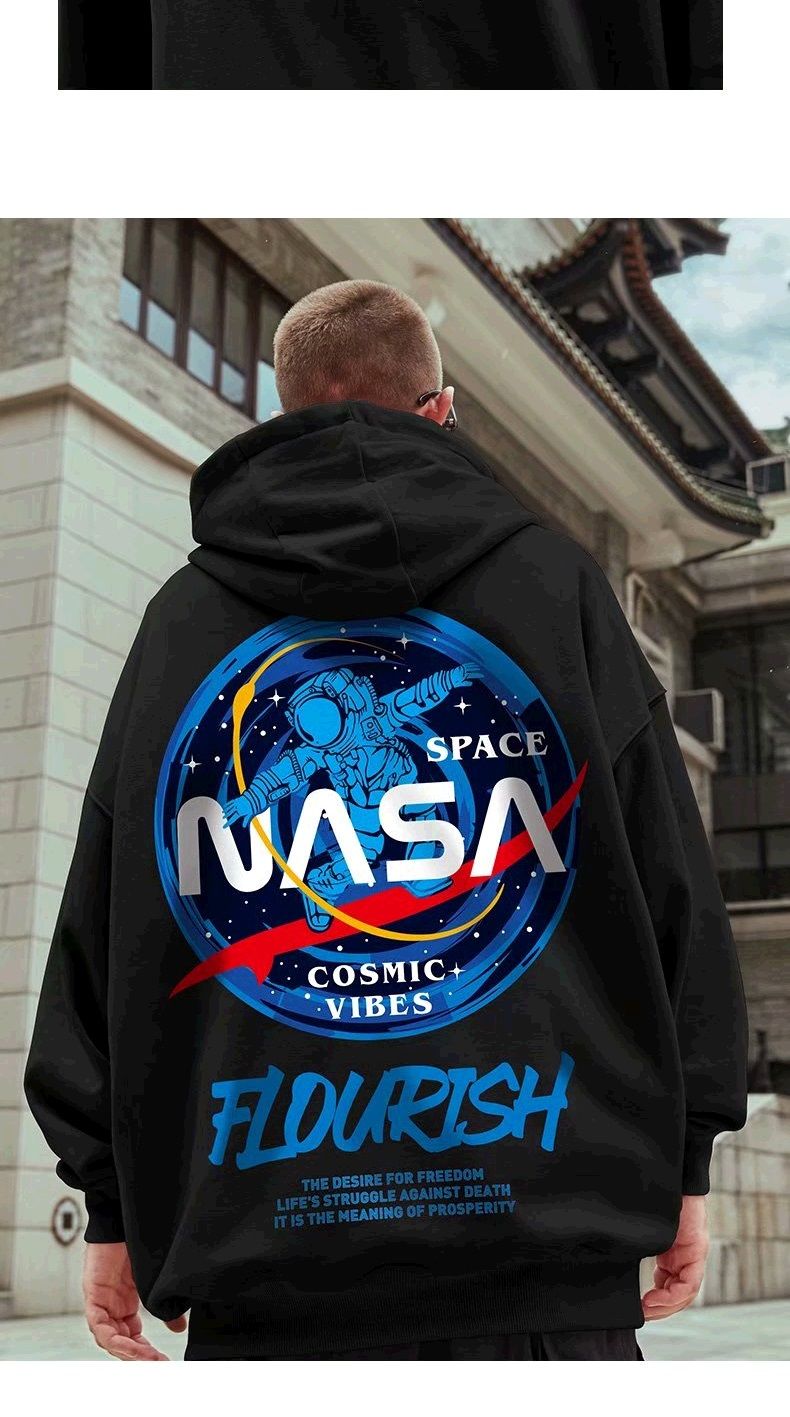 opeodly加肥加大码nasa潮牌宇航员胖子宽松连帽卫衣加绒男潮流套头衫