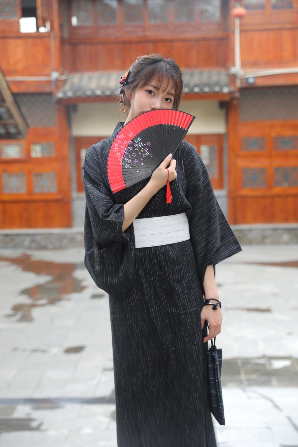 日式和服女正装日本女传统士浴衣长袍桑拿服cos写真服装气质棉麻黑白