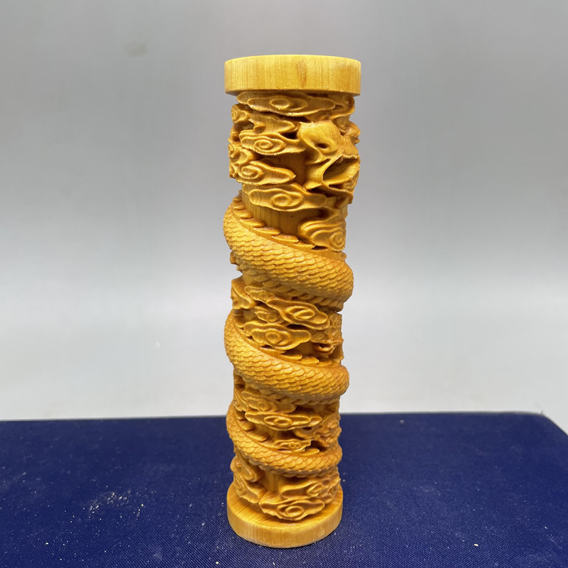 盘龙柱手把件崖柏木雕生肖龙工艺手把件盘龙柱手柄蟠龙客厅家居装饰小