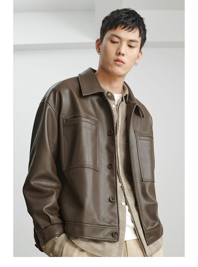 仿羊皮pu皮衣翻领皮夹克男工装外套男士春秋季复古机车服摩卡色l175