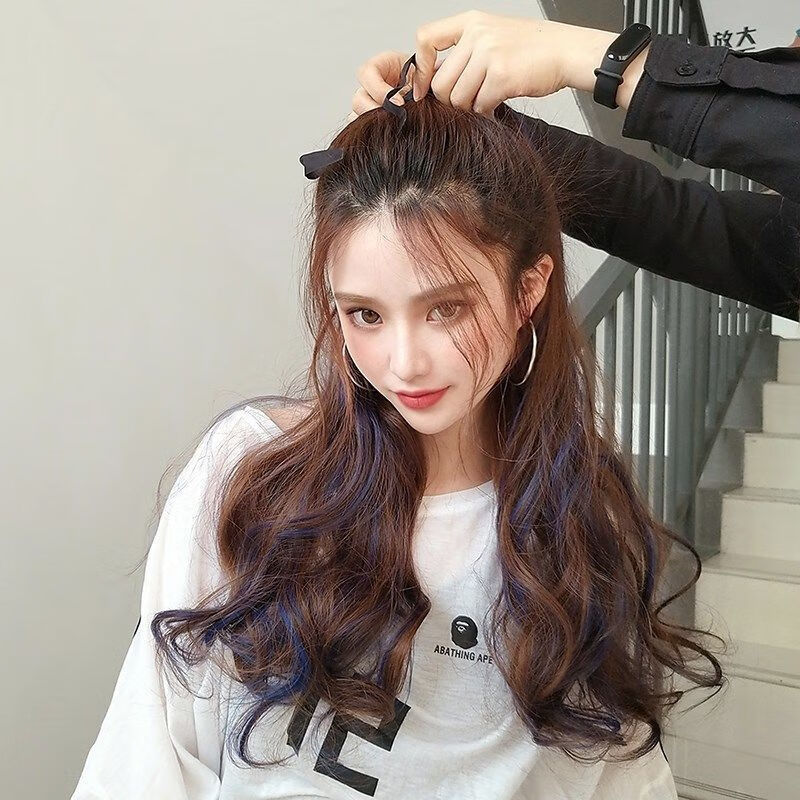 假发马尾女长卷发大波浪挑染长发辫子自然绑带式假发女高马尾辫浅棕色