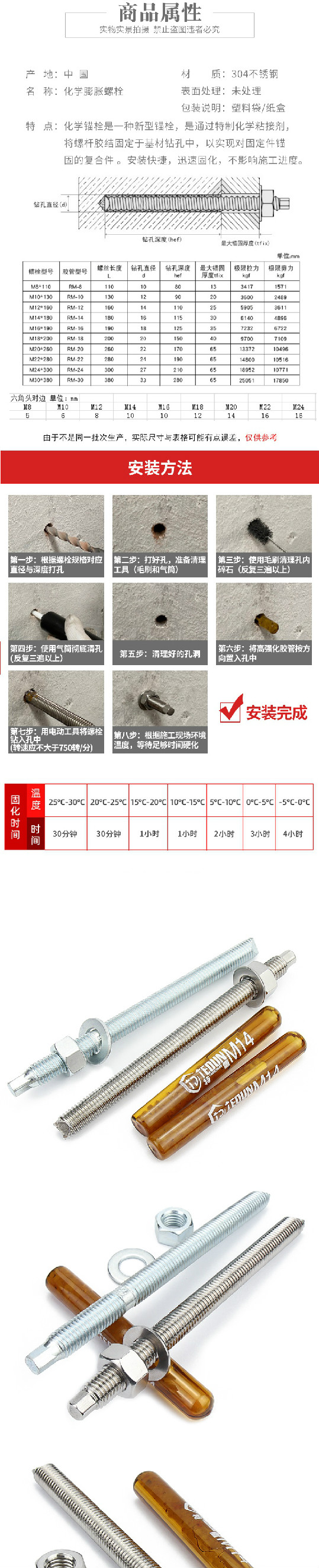 學錨栓化學膨脹m8m10m12m14m16m30304不鏽鋼化學錨栓化學膨脹螺栓倒錐