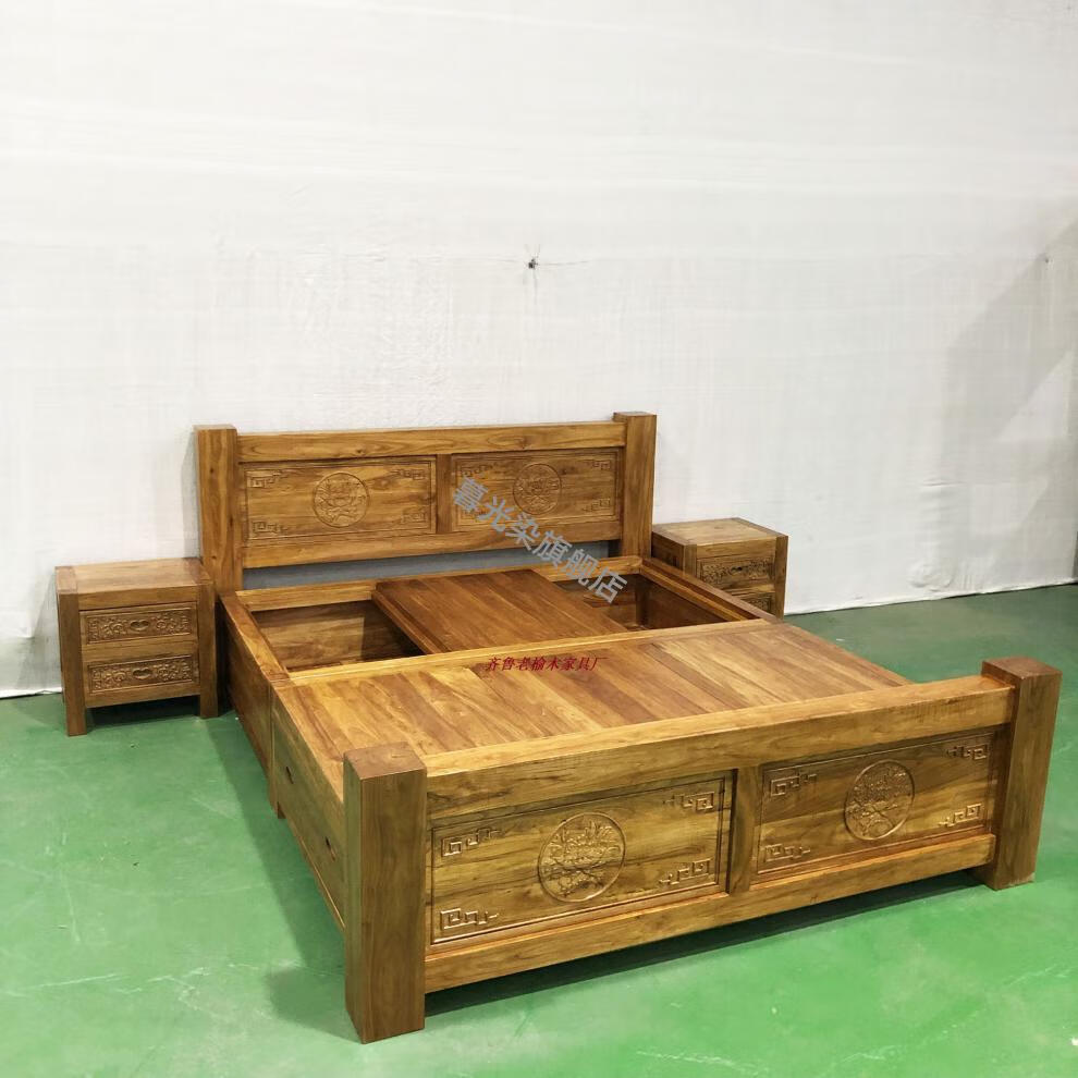 2022老榆木床全实木 齐鲁老榆木全实木箱体床箱框中式现代1.5米1.