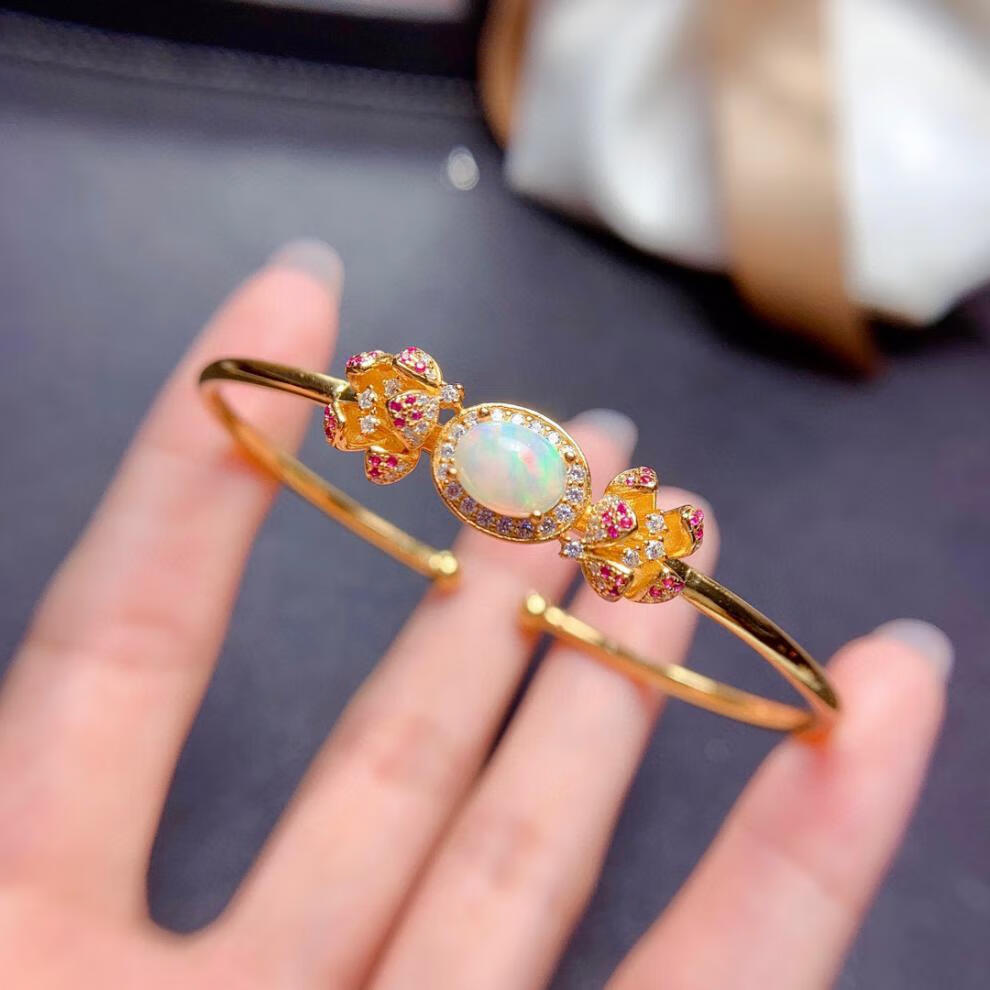 天然炫彩欧泊手镯晶体干净火彩爆闪银镶嵌轻奢日韩银镶嵌