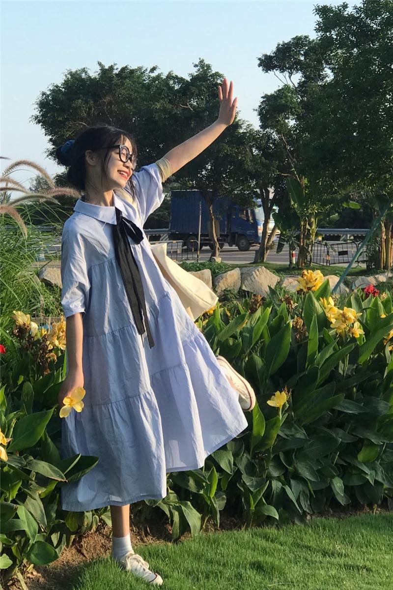 学院风韩版宽松连衣裙女学生日系小个子中长款短袖领字裙子黑色l
