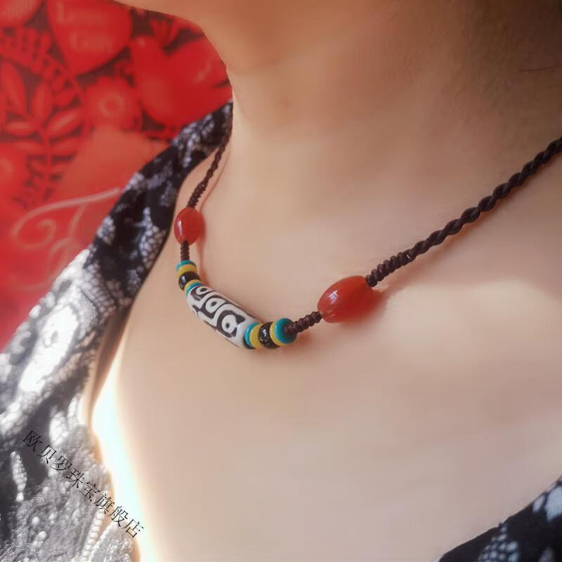 欧贝罗九眼天珠锁骨链九眼藏式天珠玛瑙项链抱脖链吊坠佛教七宝保平安