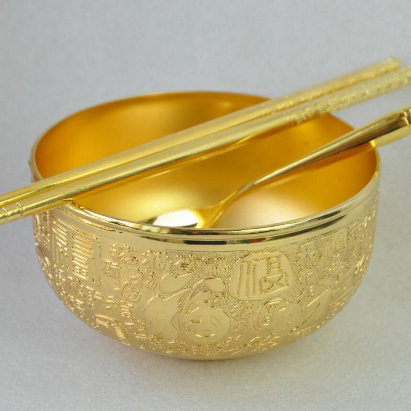 艺联家&Φ官方店百福金碗三件套金筷子金勺子熟金沙金年年有鱼碗筷勺