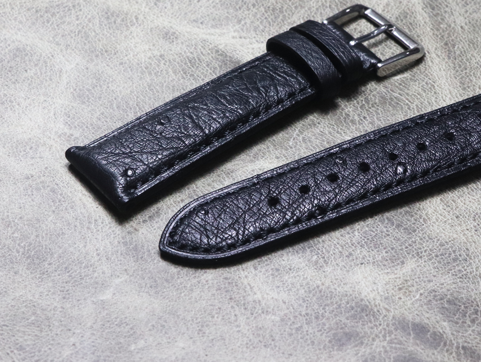 手工定制表带 黑色鸵鸟皮表带按钮蝴蝶扣18mm19mm20mm21mm22mm真皮