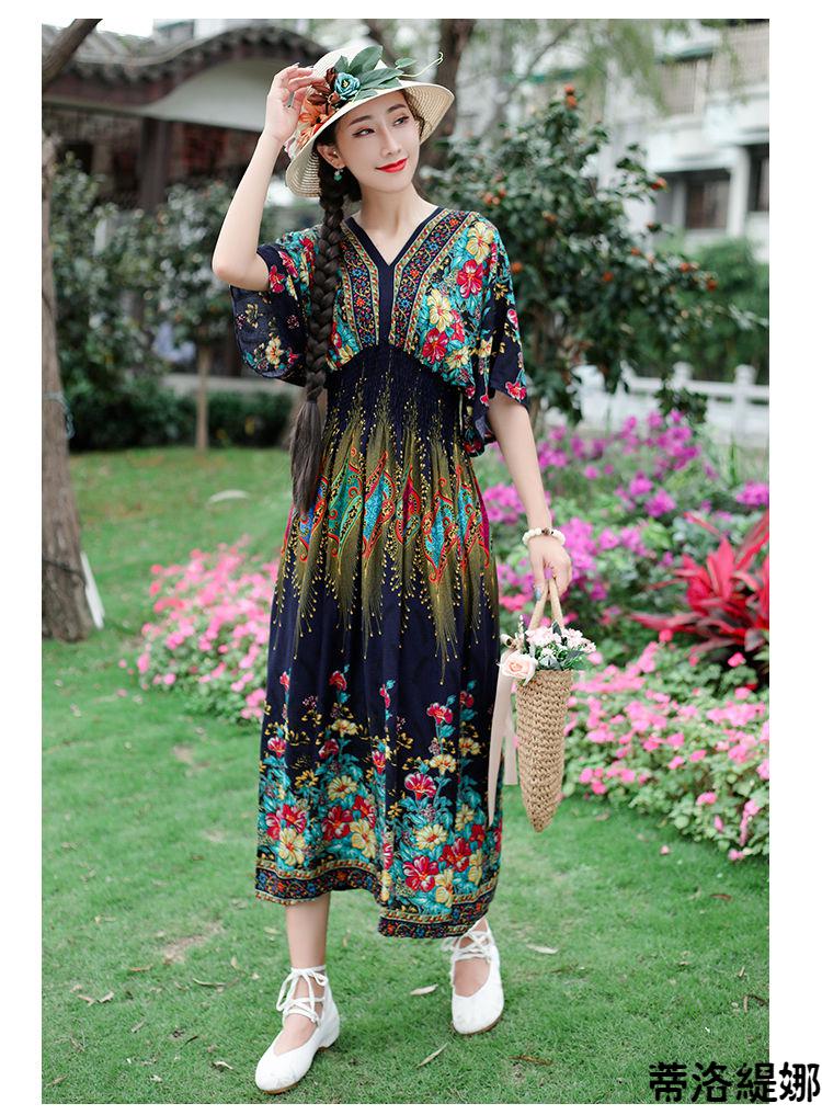 棉绸连衣裙夏时尚外穿棉绸连衣裙年轻款棉绸连衣裙女夏蝙蝠袖高腰显瘦