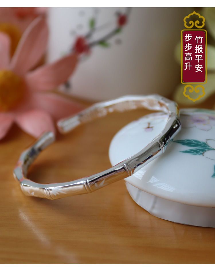midnitestar银手镯女银竹节手镯开口式实心节节高升亮面时尚银送女友