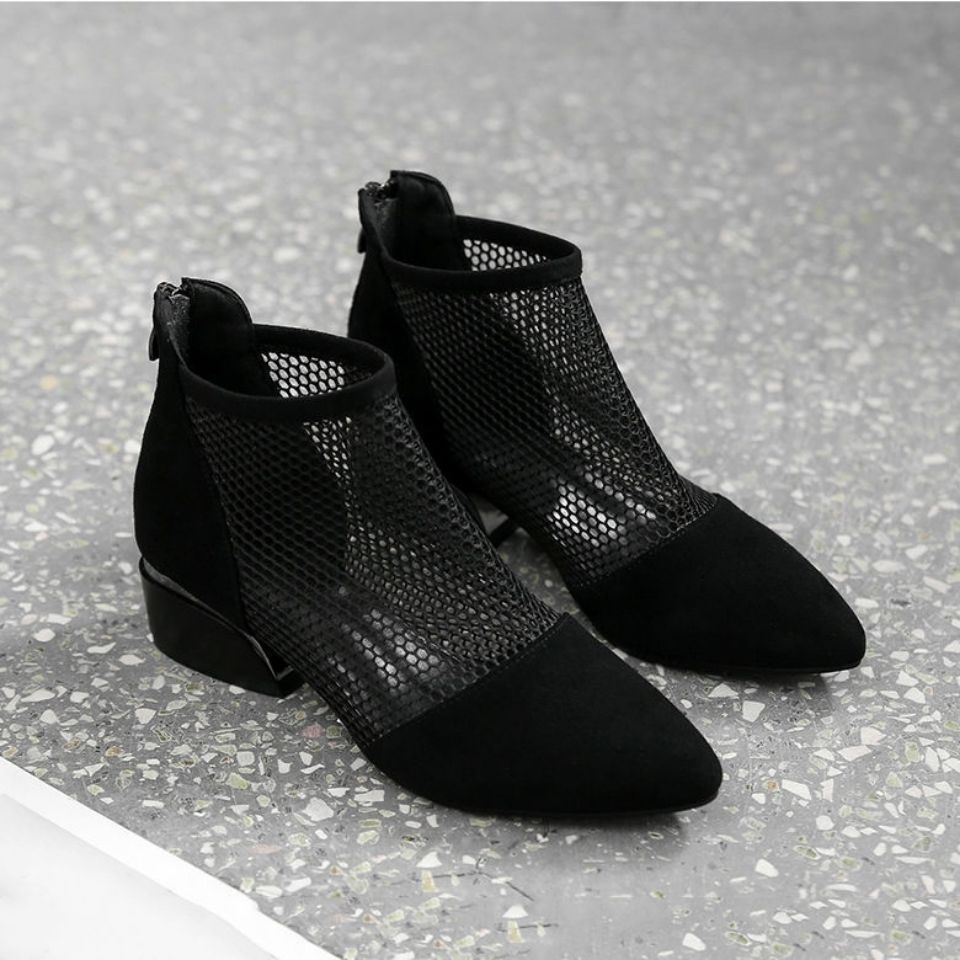 靴透气网面高跟皮鞋夏季纱网皮鞋真皮网纱凉靴春夏天防滑女鞋黑色w135