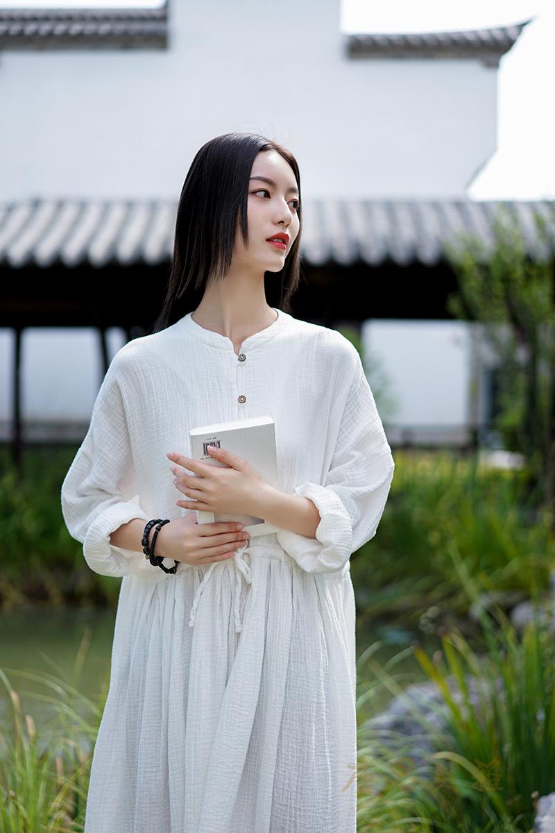 文艺范棉麻春秋款连衣裙2021春秋季新款棉麻女装文艺范双层棉纱系带
