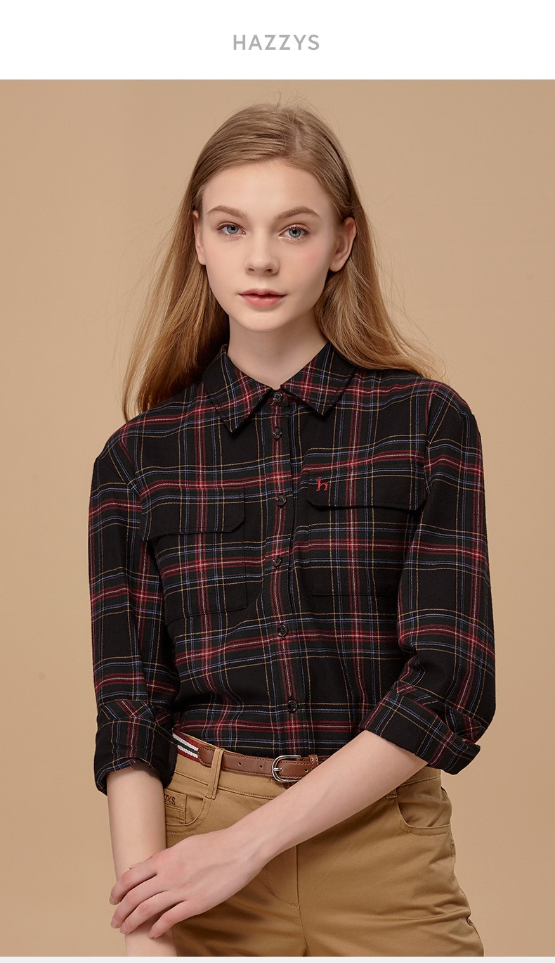 商场同款哈吉斯hazzys秋冬新款衬衫女英伦格子长袖衬衫ascsk11dx03