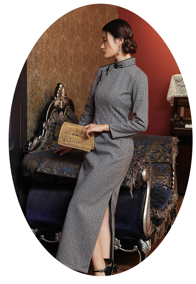 传统旗袍裙女长款2021老上海旗袍斜襟复古长袖打底冬季加厚保暖旗袍