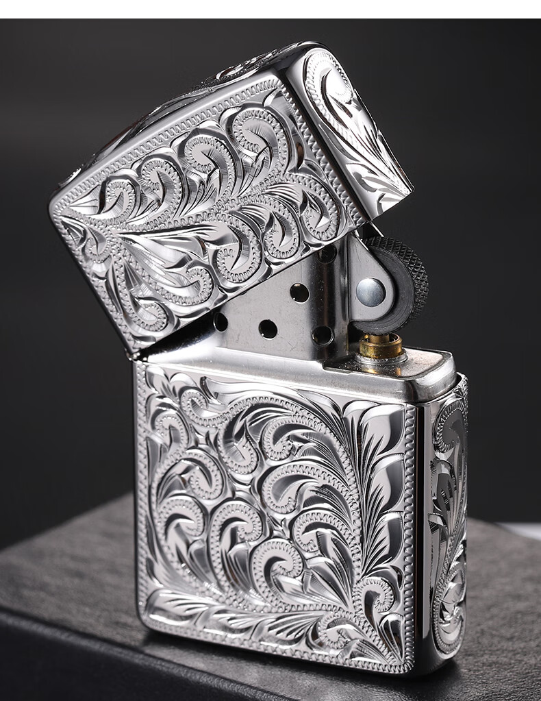 zippo打火机 五面手雕唐草富贵花 镀白金 男士礼品个性定制 富贵花
