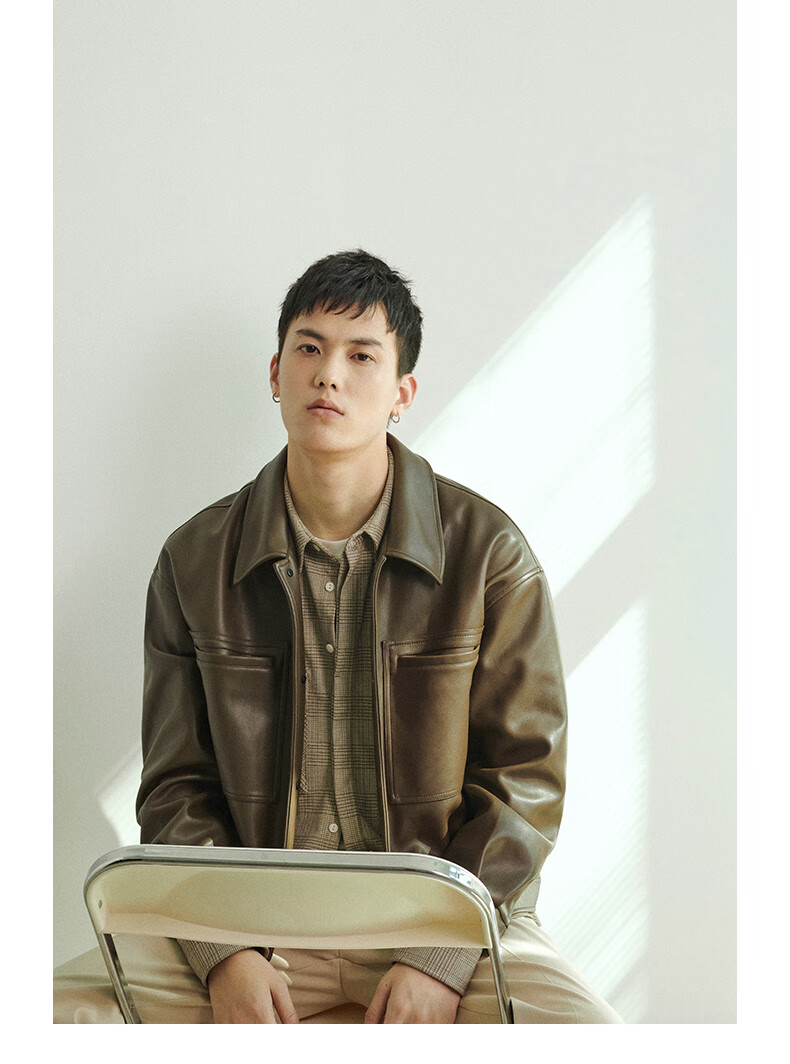 仿羊皮pu皮衣翻领皮夹克男工装外套男士春秋季复古机车服摩卡色l175