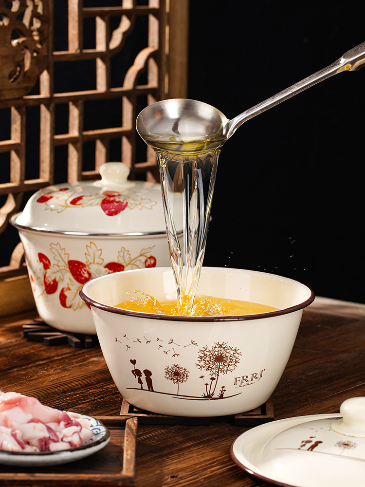 瓷盆带盖装热油老式家用猪油盆加厚搪瓷盆钵厨房带盖珐琅板油瓷盆9斤