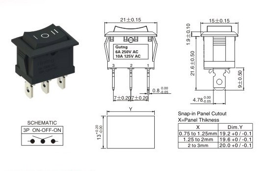黑色船型开关kcd1-102 3脚3档翘板电源开关按钮开关(5只)