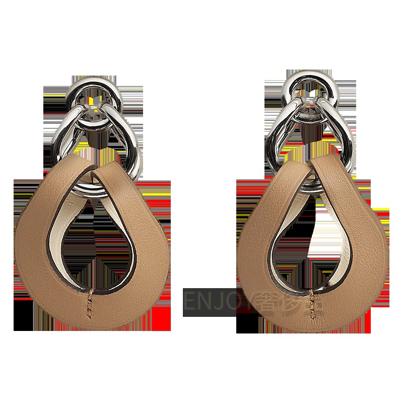 hermes爱马仕女士耳环耳钉耳坠水滴形小牛皮swift镀钯金属 卡其色