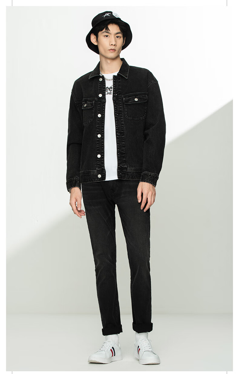 leexline21秋冬新款宽松版黑色男牛仔夹克外套lmt0018012ysbcm黑色洗