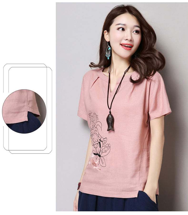 棉麻上衣女短袖2021新款夏装民族风刺绣亚麻t恤宽松夏天v领衣服粉红色