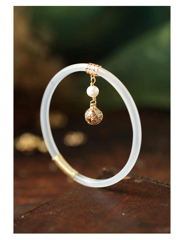 叮当镯铃铛手镯玉髓镯子细条款古风少一步一响定制款 素心 白色57mm